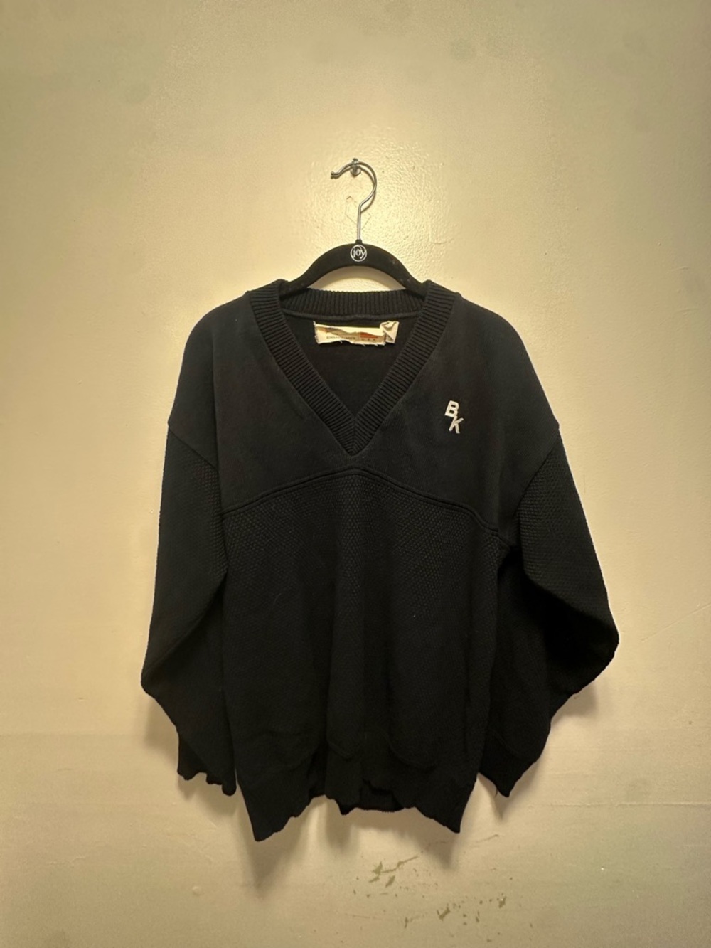 Vintage Scholastic Arista SA Knit Sweater Black V-Neck BK Logo USA Made Preppy